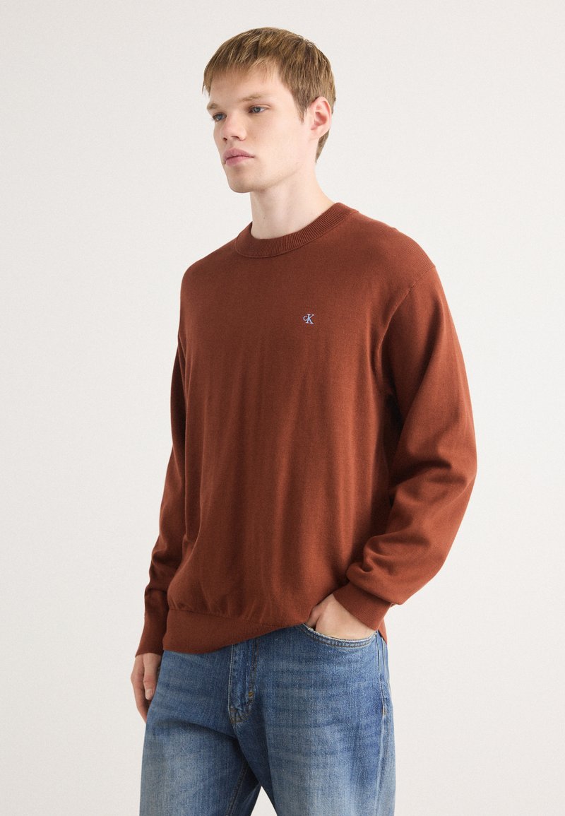 Maglione a maglia marrone con scollatura rotonda, polsini e orlo a coste, con piccolo logo sul lato sinistro del petto. Indossato con jeans in denim blu.
