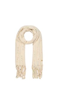 Sciarpa color crema con macchie multicolori, lavorata a maglia con texture e bordi sfrangiati, avvolta in un cerchio morbido su uno sfondo bianco.