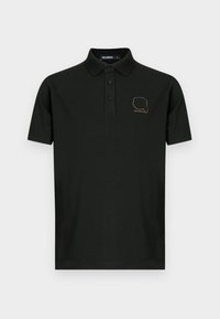 Čierne polokošeľa s krátkym rukávom, tromi gombíkmi a malou zlatou grafikou obrysu tváre so slnečnými okuliarmi na ľavej strane hrude.