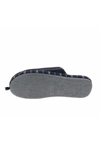 Pantofole navy con tomaia in tessuto a righe e suola in gomma grigia. Presentano una superficie testurizzata per la presa e un comodo anello di estrazione sul tallone.