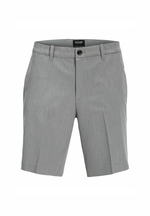 Grijze shorts gemaakt van lichtgewicht stof, met een vlakke voorkant, zijzakken en een enkele knoopsluiting. Subtiel verticaal patroon aanwezig.