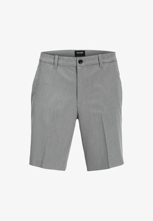 Hallid hallid lühikesed püksid kergest kangast, millel on lame esiosa, küljetaskud ja üks nööp sulgemiseks. Hämar vertikaalne muster on nähtav.