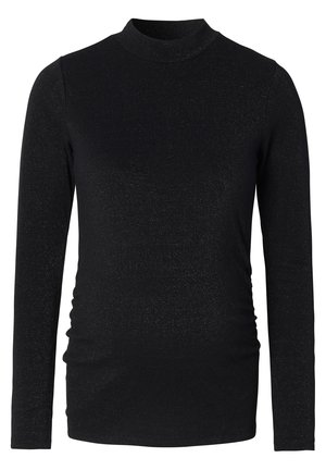 Schwarzes, langärmliges Stilloberteil in schimmernder Textur mit hohem Kragen und gerafften Seiten für einen taillierten Schnitt.