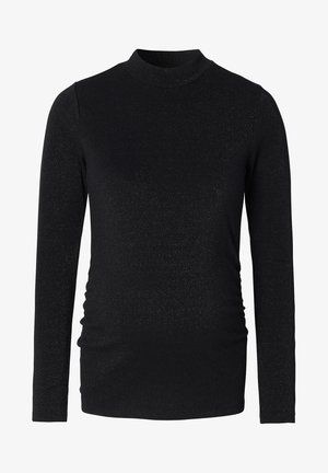 Czarna, długosleeve'owa bluzka ciążowa o błyszczącej fakturze z wysokim kołnierzem i marszczeniami po bokach, zapewniająca dopasowany krój.