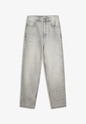 Jasnoszare dżinsy z wysokim stanem, o prostym kroju nogawki, z zapięciem na guzik, przednimi kieszeniami i wyblakłą fakturą.