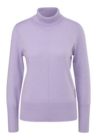 Light purple turtleneck sweater with long sleeves, ribbed texture, and side seams, featuring a decorative tag on the left side hem.