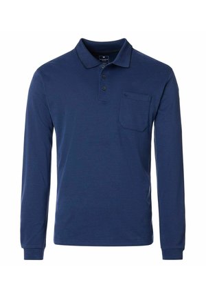Marineblaue Langarm-Polohemd aus Baumwolle, mit einer Knopfleiste mit drei Knöpfen, einem Kragen und einer Brusttasche. Glatte Textur.