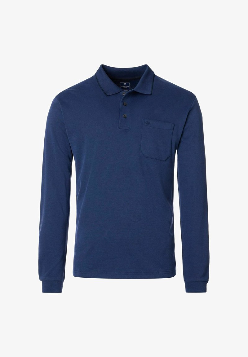 Marineblaue Langarm-Polohemd aus Baumwolle, mit einer Knopfleiste mit drei Knöpfen, einem Kragen und einer Brusttasche. Glatte Textur.