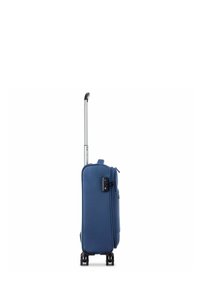 Valigia a mano blu navy con manico metallico estraibile, quattro ruote, chiusura con zip e tasca laterale con lucchetto a combinazione.