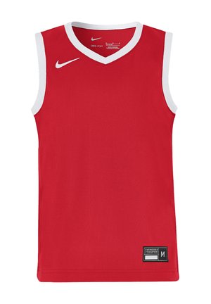 Czerwona, sportowa koszulka bez rękawów z białą lamówką, małym białym logo Nike na piersi oraz metką z rozmiarem na dolnym brzegu.