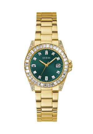 Reloj de pulsera con tono dorado, esfera verde, marcadores de horas de cristal, bisel de cristal, indicador de fecha a las 3 en punto, y brazalete de eslabones metálicos dorados.
