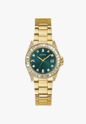 Reloj de pulsera con tono dorado, esfera verde, marcadores de horas de cristal, bisel de cristal, indicador de fecha a las 3 en punto, y brazalete de eslabones metálicos dorados.