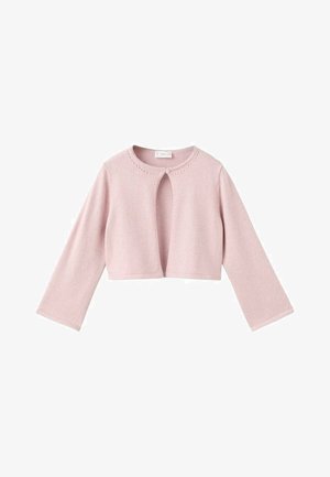 Korte roze cardigan met lange mouwen, ronde hals en knoopsluiting aan de voorkant. Heeft een cropped ontwerp en subtiele geperforeerde details bij de halslijn.