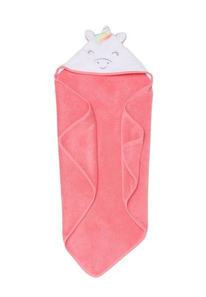 Roze babyhanddoek met capuchon, met een witte eenhoorncapuchon met geborduurde ogen, een glimlachend gezicht, oren, hoorn en een kleurrijke manen.