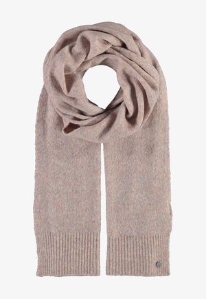 Knitted scarf in soft beige with subtle texture, featuring a ribbed edge and a small metallic logo detail near the end.
