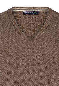 Maglione marrone a V con motivo a nido d'ape testurizzato, colletto a coste e accenti a righe a contrasto. Realizzato in un morbido tessuto knit.