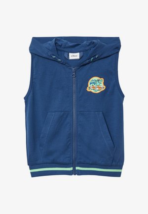 Haut de hoodie sans manches bleu marine en coton, avec une fermeture éclair à l'avant, des poches kangourou et un patch brodé coloré sur le thème du surf.