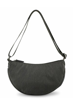 Borsa a tracolla realizzata in tessuto grigio scuro, forma semi-circolare, tracolla regolabile, chiusura con zip, con logo impresso sulla parte anteriore.