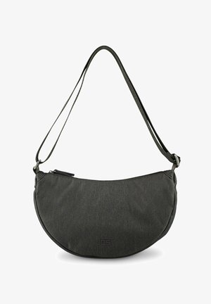 Bolso cruzado fabricado en tela gris oscuro, de forma semicircular, con correa ajustable, cierre de cremallera y logotipo grabado en la parte frontal.