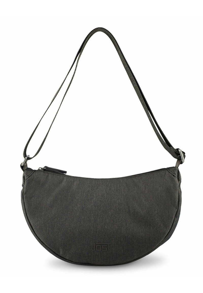 Umhängetasche aus dunkelgrauem Stoff, halbrunde Form, verstellbarer Trageriemen, Reißverschlussverschluss, mit eingeprägtem Logo an der Vorderseite.