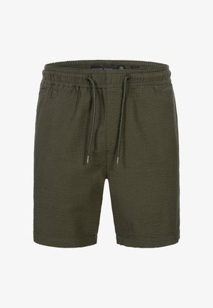 Oliivinvihreät shortsit, joissa on teksturoitu kangas, joustava vyötärö ja nyöri. Ominaisuuksiin kuuluu rento istuvuus ja ei näkyviä taskuja.