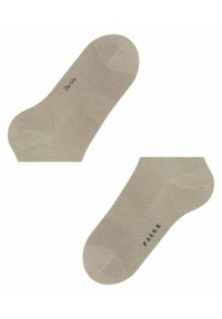 Beige Knöchelsocken aus glattem Stoff. Mit nahtloser Spitze und geripptem Bündchen. Markenname "FALKE" in Dunkelblau gedruckt.