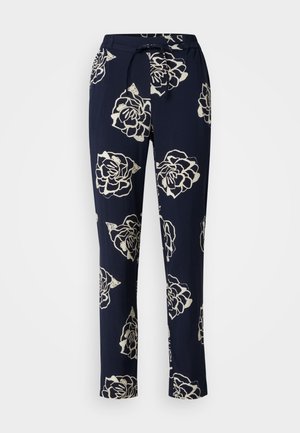 Navy pants with white rose patterns, featuring an elasticated waistband, drawstring closure, and straight-leg cut. Soft fabric texture.