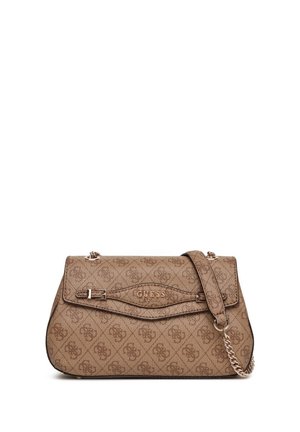 Borsa a tracolla marrone a fantasia con patta, hardware in metallo, tracolla a catena e logo impresso. Materiale sintetico testurizzato. Forma rettangolare.