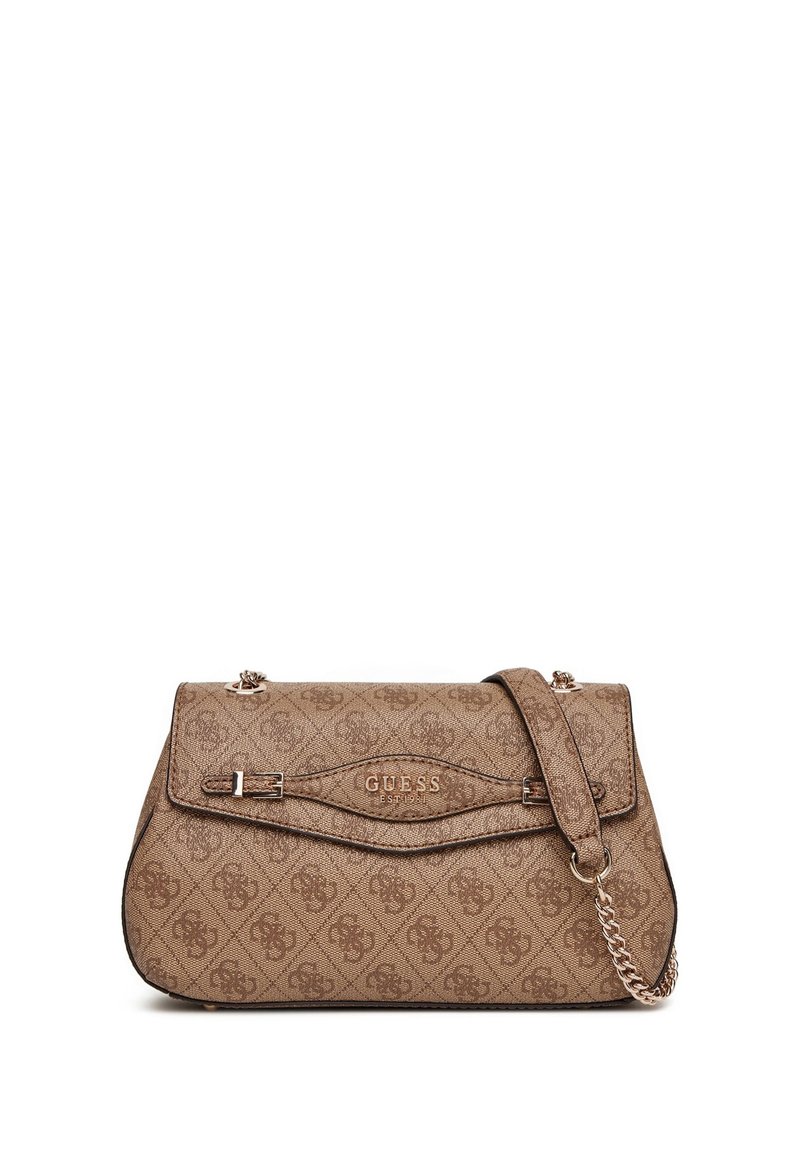 Borsa a tracolla marrone a fantasia con patta, hardware in metallo, tracolla a catena e logo impresso. Materiale sintetico testurizzato. Forma rettangolare.