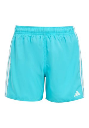 Pantalones cortos deportivos de color turquesa con rayas laterales blancas y una cintura elástica, con un logo blanco de Adidas en la pierna izquierda.