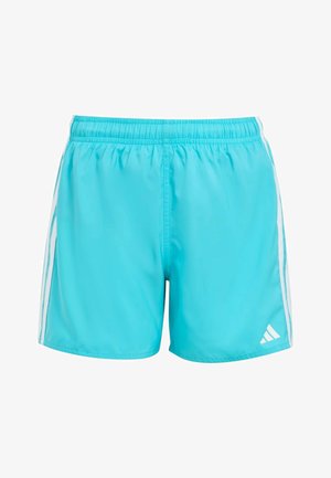 Pantalones cortos deportivos de color turquesa con rayas laterales blancas y una cintura elástica, con un logo blanco de Adidas en la pierna izquierda.