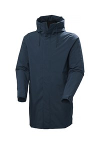 Giacca impermeabile blu navy con colletto alto, cappuccio regolabile, chiusura con zip e tasche laterali, realizzata in un materiale liscio e leggero.