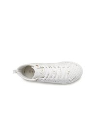 White sneaker with a textured upper featuring printed logo patterns. Lace-up design, round toe, and flat sole with a pull tab at the heel.