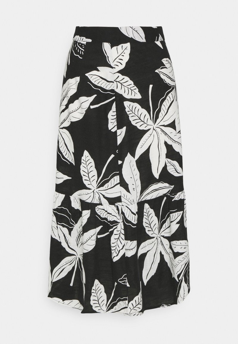 Sort nederdel med store hvide bladmønstre, med en plisseret design og en behagelig talje, lavet af letvægtsstof.