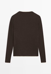 Dark brown long-sleeve crew neck shirt laid flat showing back, with simple stitching and no visible patterns or logos.