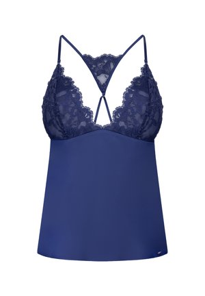 Kanten bralette in diep marineblauw met bloemmotief, verstelbare bandjes en een glad satijnen onderlaag; heeft een kruisrug.
