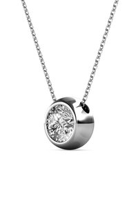 Zilveren hangerketting met een ronde, heldere diamant omringd door een gepolijste, ronde houder en een schakelkettinkje.