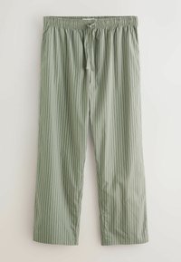 Helles grünes Schlafanzughose mit vertikalen weißen Streifen, elastischem Bund mit Kordelzug und geradem Bein.