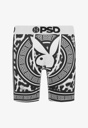 Boxer briefs noir et blanc avec un motif circulaire central, un logo Playboy et un motif clé grec. Fabriqués en tissu lisse.