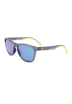 Occhiali da sole con montatura grigia trasparente, lenti blu specchiate e dettagli giallo-verdi sulle aste interne e sulle punte.