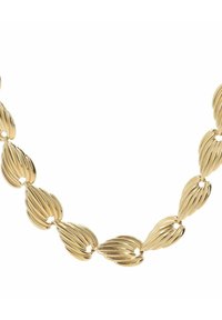 Collana d'oro con segmenti ovali curvi, rigati e collegati che formano una catena continua.