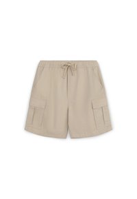 Shorts cargo beiges avec une taille élastique et un cordon de serrage. Ils possèdent deux poches latérales et deux poches cargo sur les côtés.