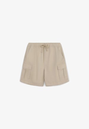 Beige Cargo-Shorts mit elastischem Bund und Kordelzug. Mit zwei Seitentaschen und zwei Cargo-Taschen an den Seiten.