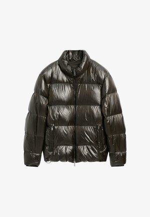 Dark green puffer jacket with a high collar, shiny finish, horizontal quilted design, and side zipper pockets. Smooth texture and relaxed fit.