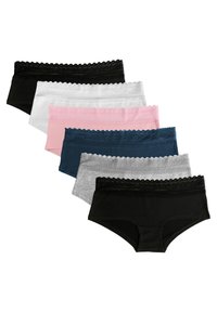 Hüftslips aus Baumwollmix in Schwarz, Weiß, Pink, Marineblau, Grau und Hellgrau. Mit Spitzenbordüre entlang des Taillenbunds.