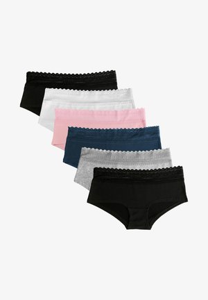 Cotton blend hipster underwear in black, white, pink, navy, gray, and light gray. Features lace trim along the waistband.