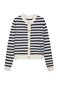 Striped cardigan in cream and navy with a round neckline, long sleeves, and golden button closures at the front. Soft texture.