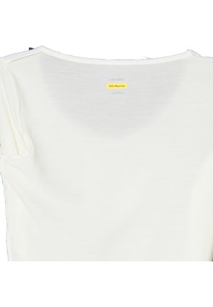 Maglietta in lana Merino bianca con scollo rotondo, dotata di maniche corte e un'etichetta che indica "150 Merino" sulla parte posteriore.