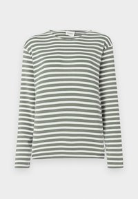 Dlouhý rukáv pruhovaný top v olivové zelené a bílé barvě. Obsahuje kulatý výstřih, měkkou tkaninu a rovnoměrně rozložené vodorovné pruhy.