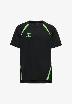 Czarny sportowy T-shirt z krótkimi rękawami, z zielonymi akcentami na ramionach i bokach, wykonany z teksturowanego, odprowadzającego wilgoć materiału.